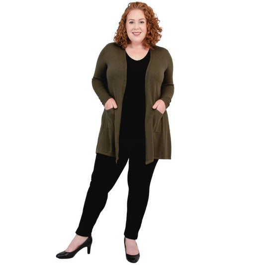 justine khaki green draped cardigan sweater, reanna black tank top and nadia black pants front view on model