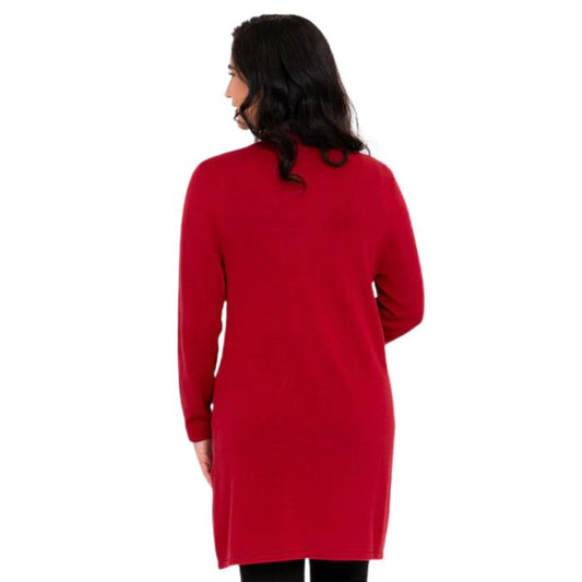 female model wearing lipstick red justine draped cardigan sweater back view on white background