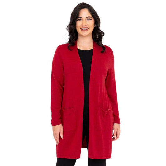 top of female model wearing justine lipstick red draped cardigan sweater front view on white background