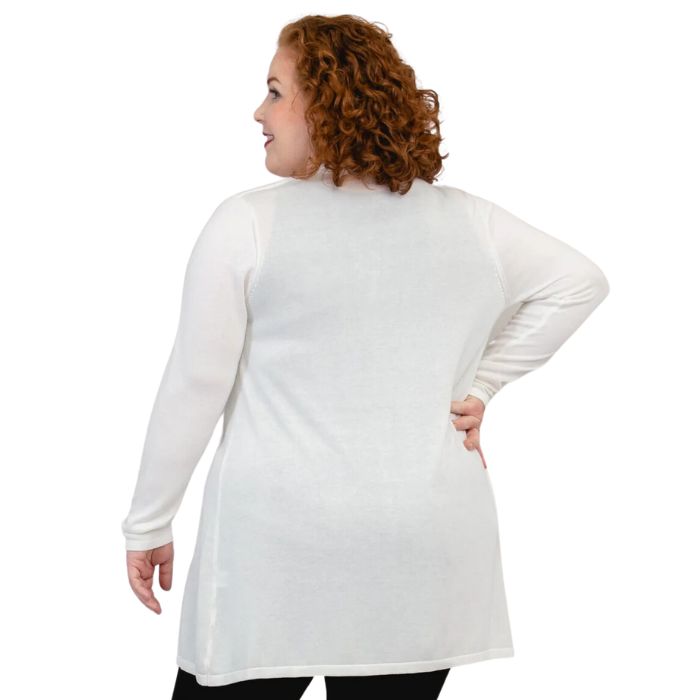 top of female model wearing justine white draped cardigan sweater back view on white background
