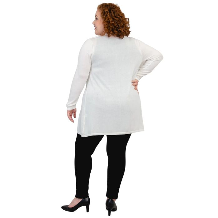 female model wearing justine white draped cardigan sweater over reanna white tank top and nadia black pants back view on white background