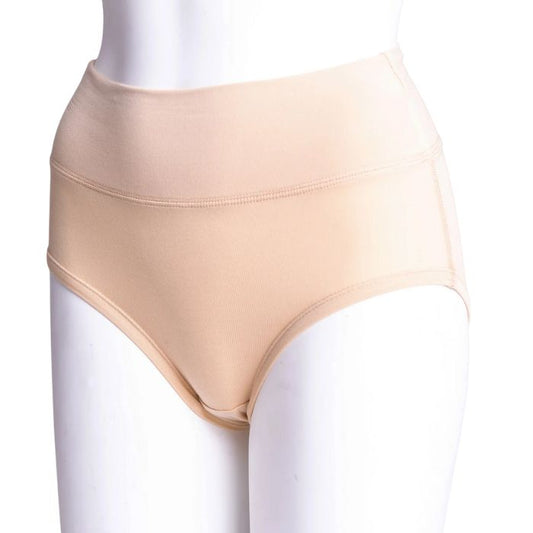 body of white female mannequin wearing beige la gaunche underwear side view on white background