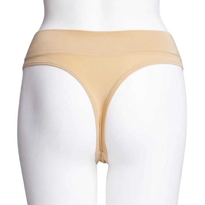 body of white female mannequin wearing beige brown la thong underwear back view on white background
