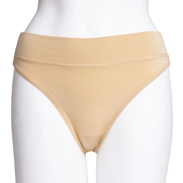 body of white female mannequin wearing beige brown la thong underwear front view on white background