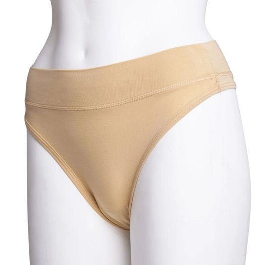body of white female mannequin wearing beige brown la thong underwear side view on white background