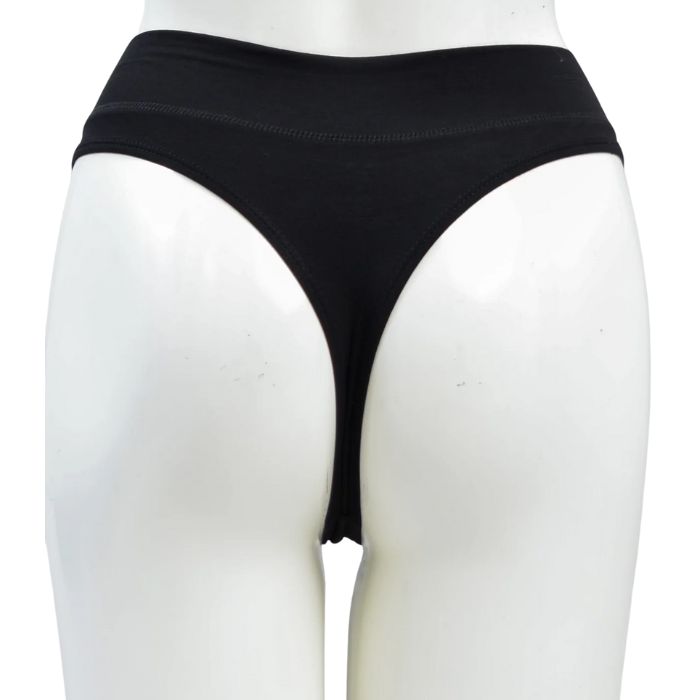 body of white female mannequin wearing black la thong underwear back view on white background