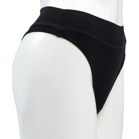 body of white female mannequin wearing black la thong underwear side view on white background