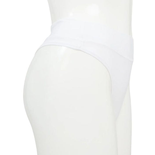 body of white female mannequin wearing snow white la thong underwear side view on white background