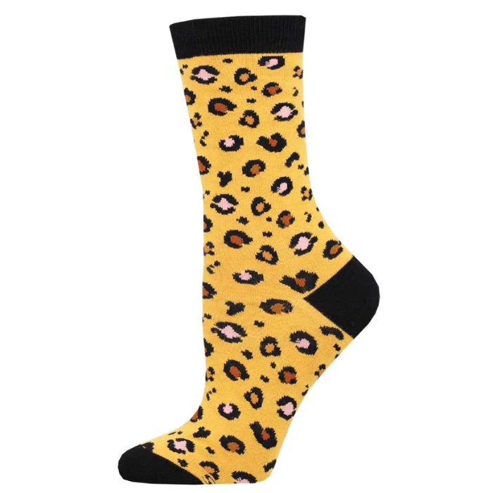 Leopard print sock yellow crew sock with leopard print