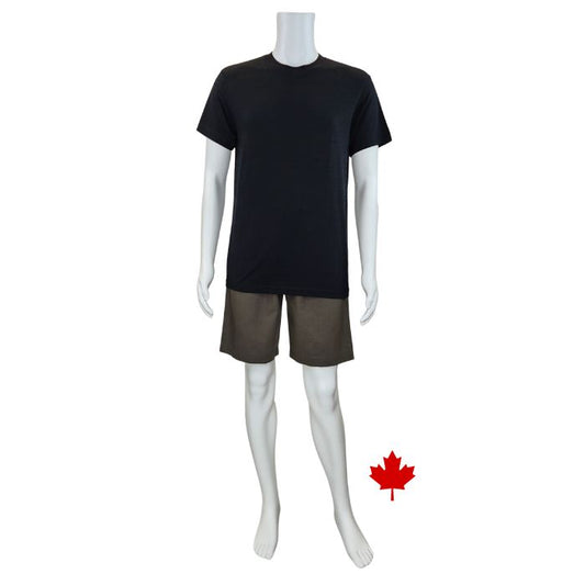 white mannequin wearing black lex crew neck t-shirt and olive green craig shorts front view on white background
