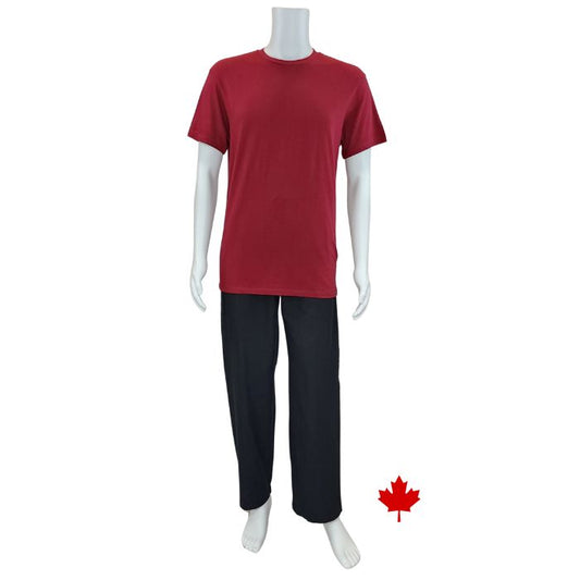 white mannequin wearing burgundy red lex crew neck t-shirt and black jim pants front view on white background