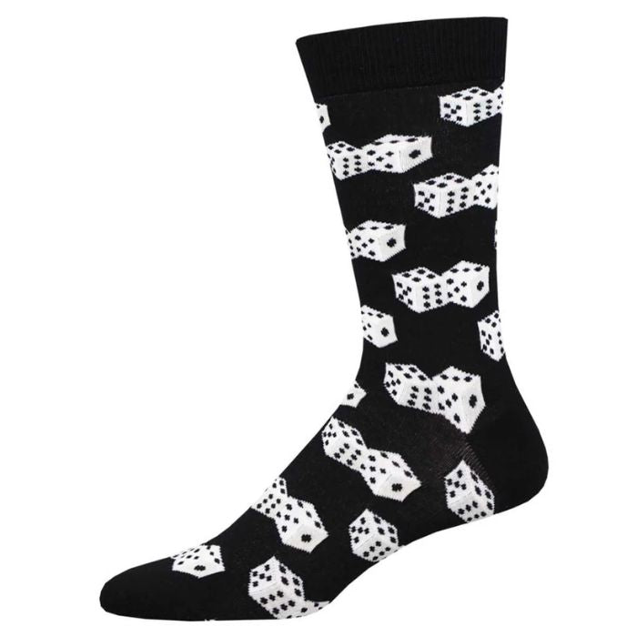 Lucky 75 sock black sock with dice print.