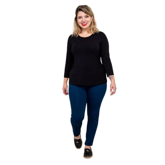 model wearing margorie black three quarter sleeve top black and nadia indigo blue pants front view on white background