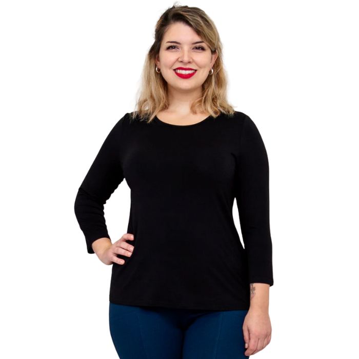 top of model wearing margorie black three quarter sleeve top front view on white background