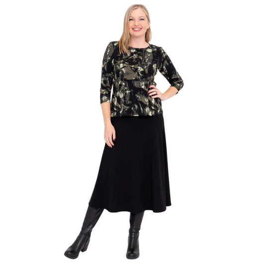 female model wearing margorie khaki oak three quarter sleeve top print and gillian black long skirt front view on white background