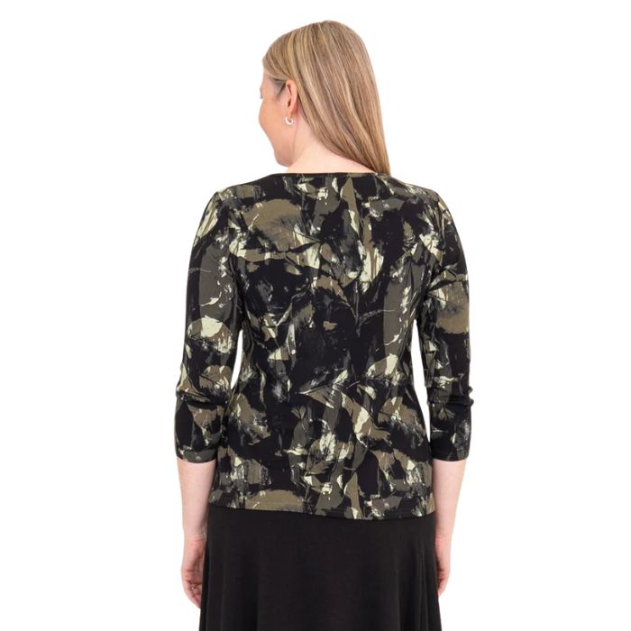 top of female model wearing margorie khaki oak three quarter sleeve top print back view on white background