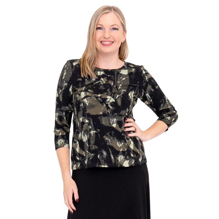 top of female model wearing margorie khaki oak three quarter sleeve top print front view on white background