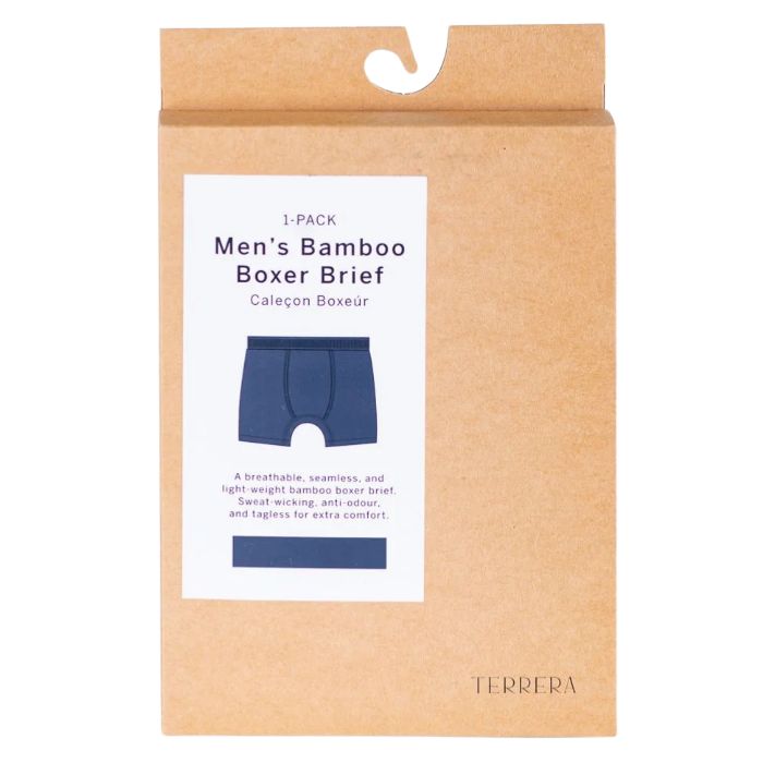 front view of mens terrera ink blue boxer brief package set on a white background