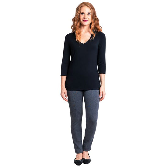 female model wearing mia black three quarter sleeve top and nadia granite grey pants front view on white background