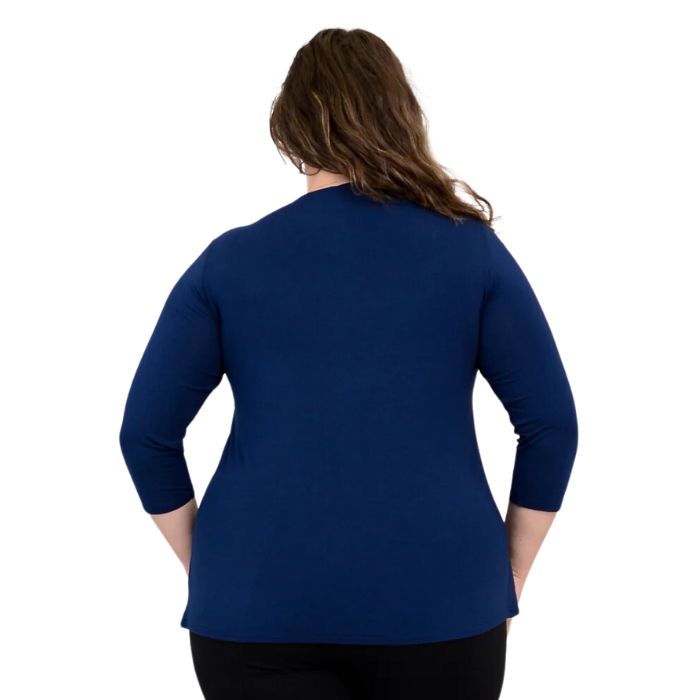 top half of female model wearing mia indigo blue three quarter sleeve top back view of top on white background