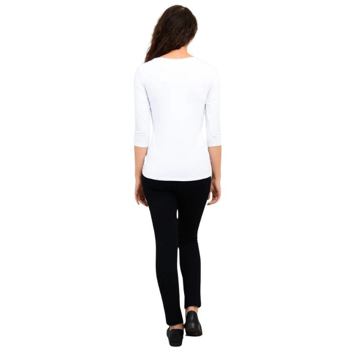 female model wearing mia white three quarter sleeve top and nadia black pants back view on white background