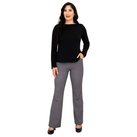 female model wearing mona black long sleeve top and daya pants front view on white background