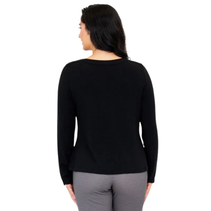 top of female model wearing mona black long sleeve top back view on white background