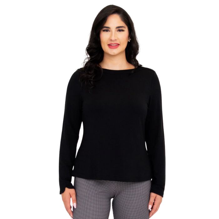top of female model wearing mona black long sleeve top front view on white background