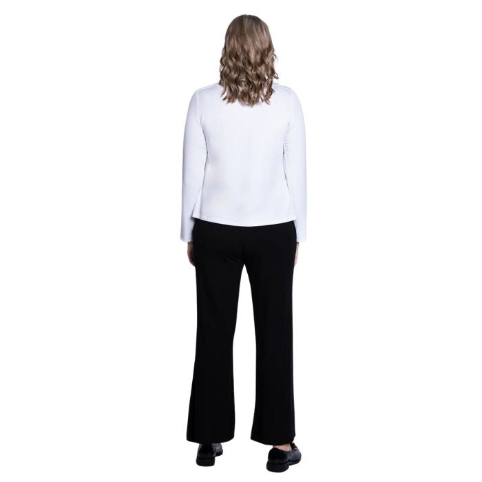female model wearing mona white long sleeve top and daya black pants back view on white background