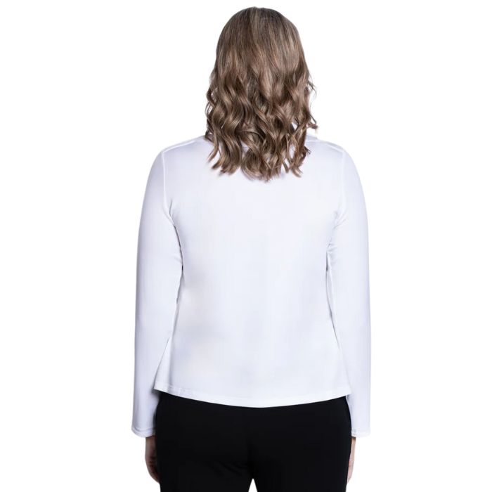 top of female model wearing mona white long sleeve top back view on white background