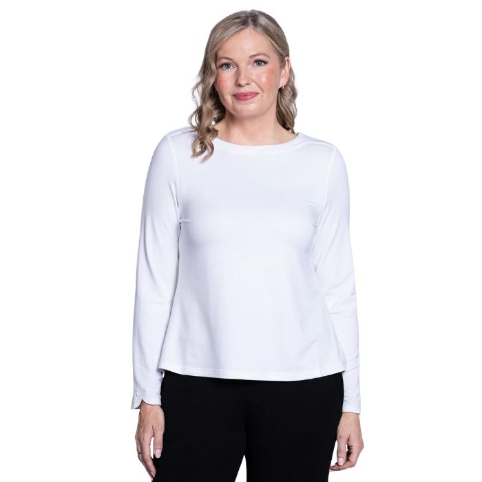 top of female model wearing mona white long sleeve top front view on white background