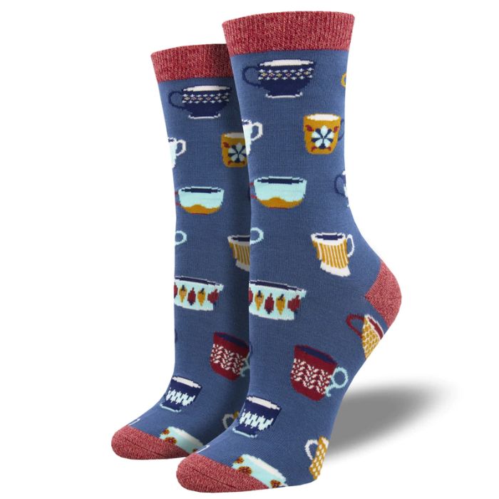 mug décor sock blue crew sock with colorful coffee mug print