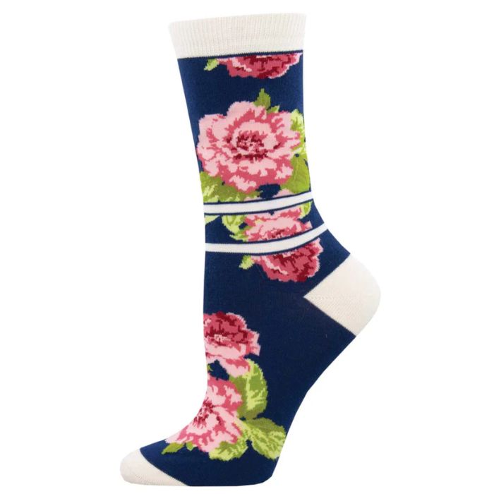 Peonies if you please socks a pair of navy blue crew socks with peonies print