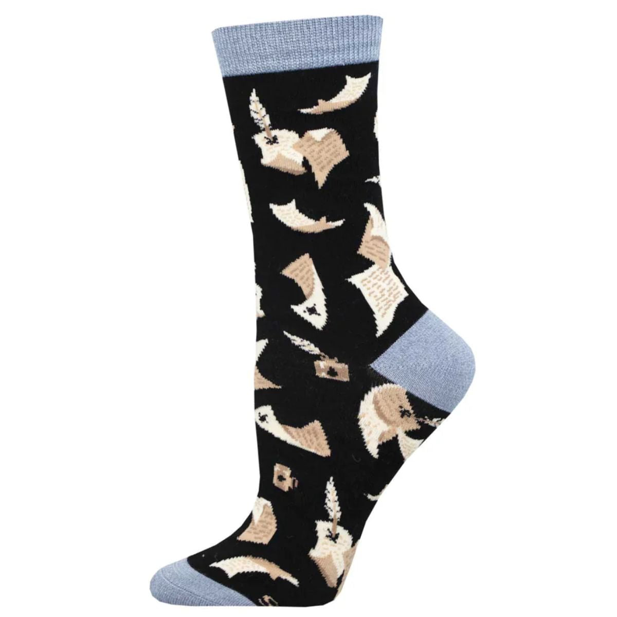 Quill and parchment sock black sock with quill pen and parchment paper print.