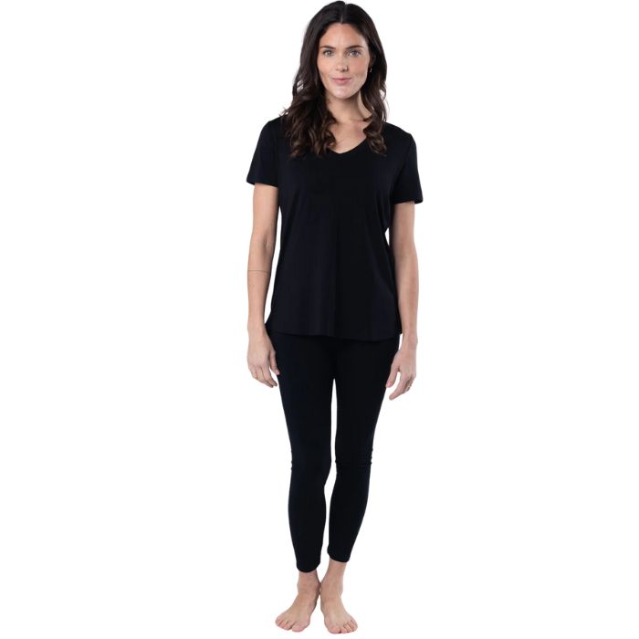 Rylie V-neck t-shirt top black full body front view on model