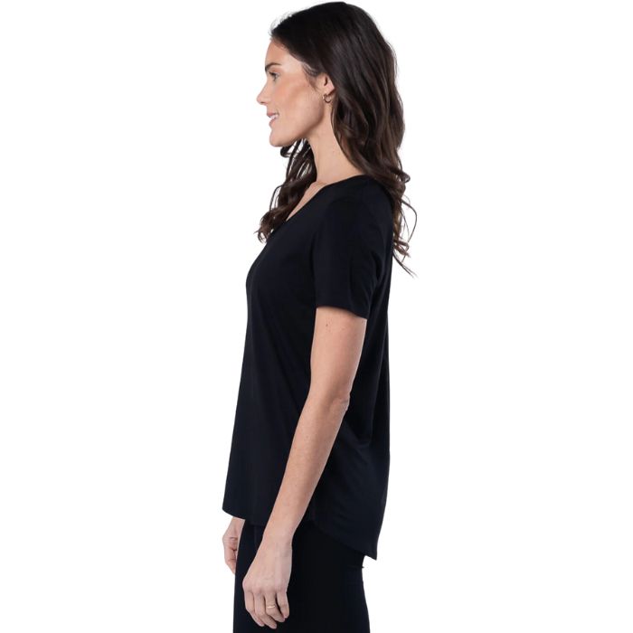 Rylie V-neck t-shirt black side view of top on model
