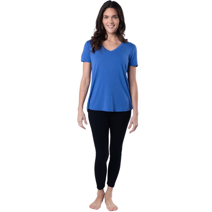 Rylie V-neck t-shirt top ocean blue full body front view on model