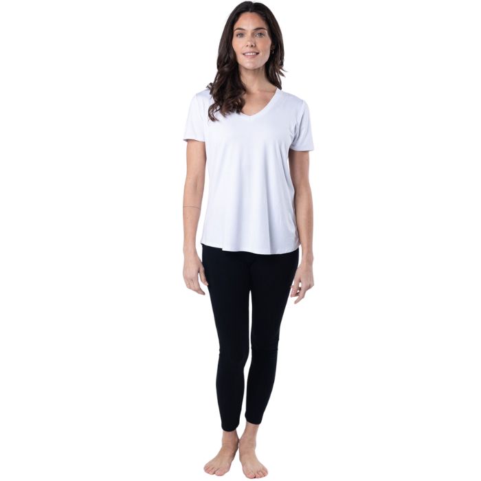 Rylie V-neck t-shirt top white full body front view on model