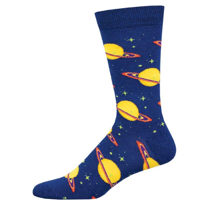 Star struck sock navy blue sock with planet Saturn print.