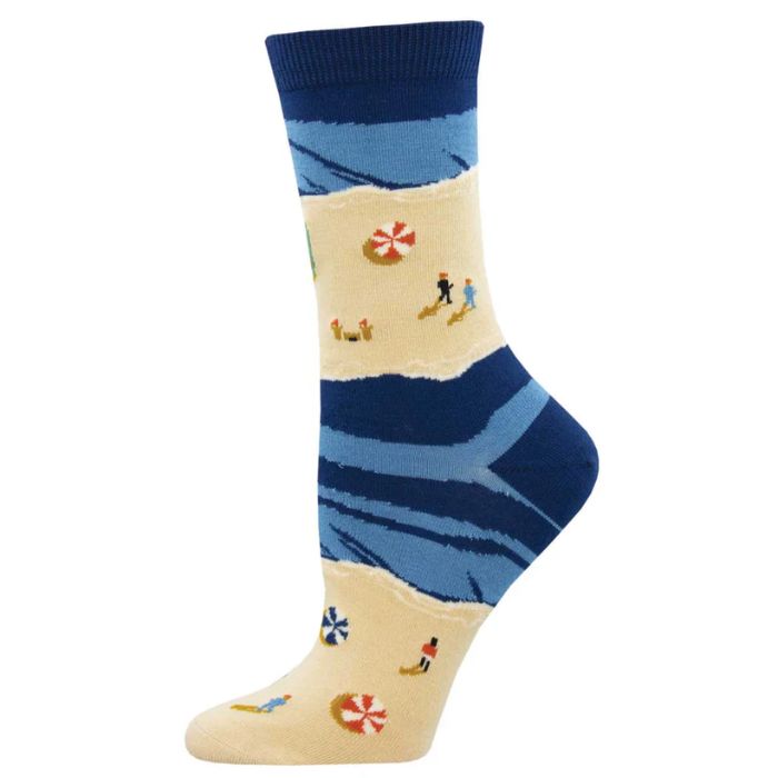 Sunny beaches sock navy blue crew sock with sandy beach print