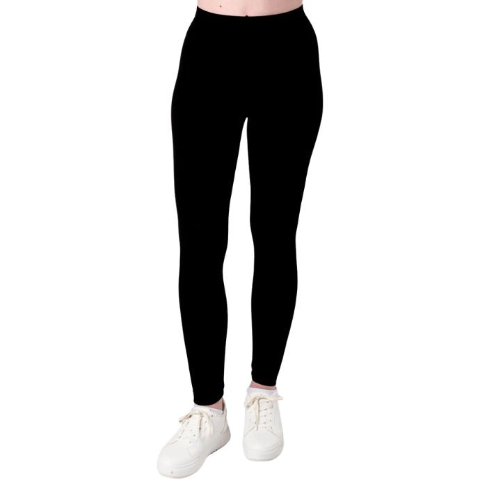 female model wearing black suri full length leggings front view on white background