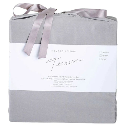 grey terrera duvet cover and two pillowcases in bamboo fabric bag on white background