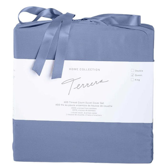 mineral blue terrera duvet cover and two pillowcases in bamboo fabric bag on white background