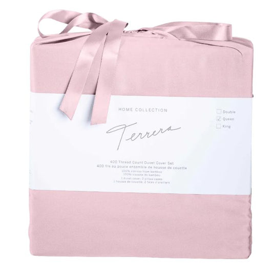 pale rose pink terrera duvet cover and two pillowcases in bamboo fabric bag on white background