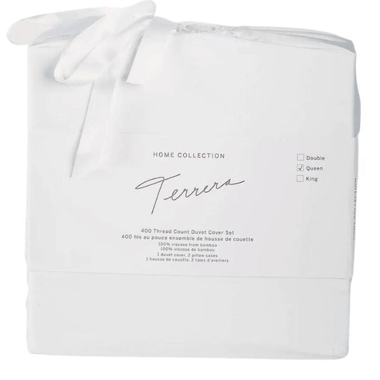 white terrera duvet cover and two pillowcases in bamboo fabric bag on white background