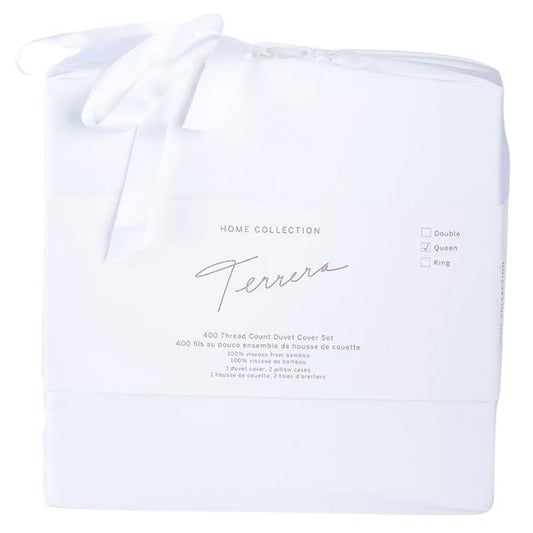 white terrera duvet cover and two pillowcases in bamboo fabric bag on white background