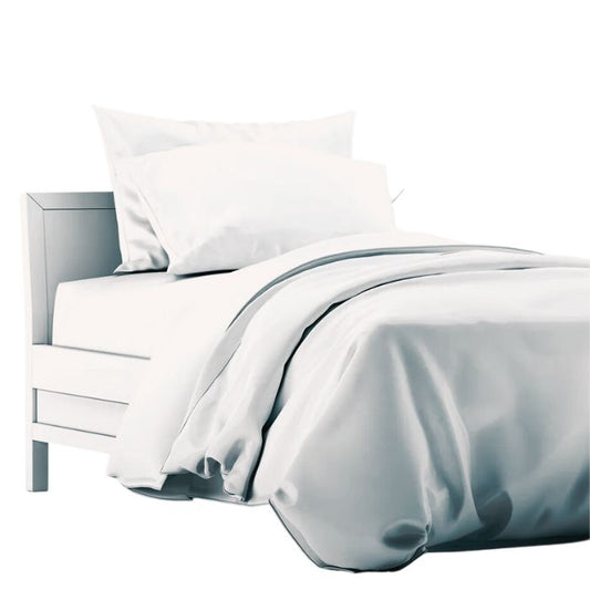 a bed made with white terrera duvet cover and two pillowcases on white background
