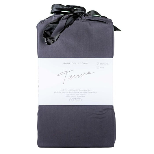 charcoal grey bamboo fabric package with two pillowcases inside on white background