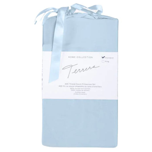 sky blue bamboo fabric package with two pillowcases inside on white background