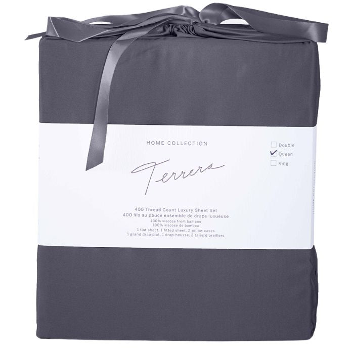 Charcoal grey sheet set- flat sheet, fitted sheet and two pillowcases in cloth bag